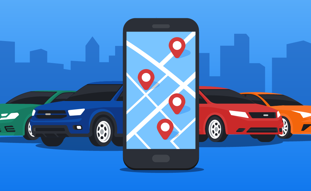 Illustration of a smartphone displaying a map with location pins in front of several rideshare vehicles